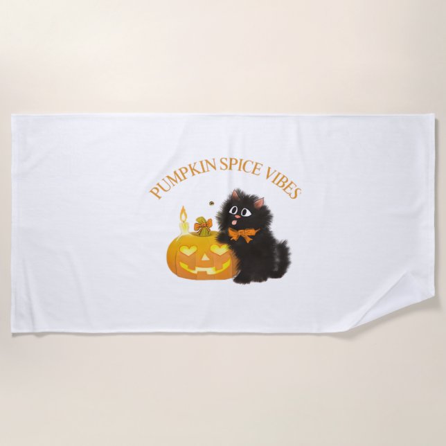 Pumpkin Spice Vibes, Halloween, black cat, pumpkin Beach Towel (Front)