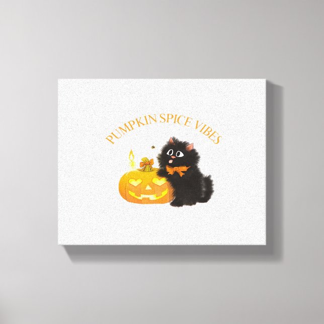 Pumpkin Spice Vibes, Halloween, black cat, pumpkin Canvas Print (Front)