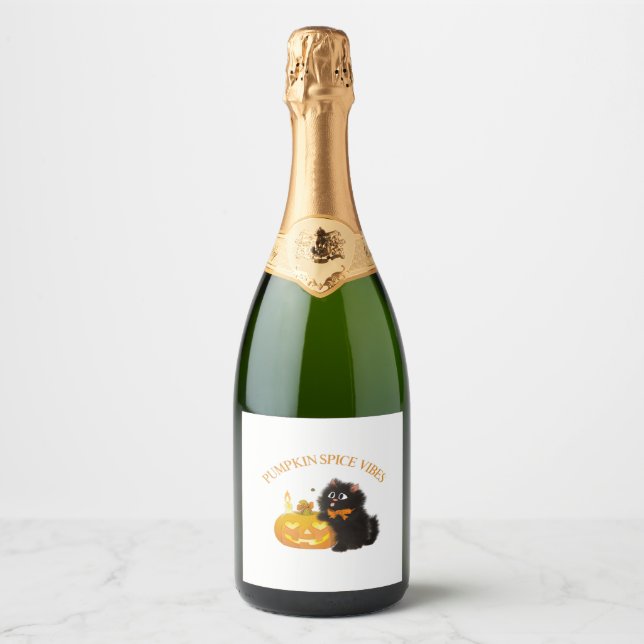 Pumpkin Spice Vibes, Halloween, black cat, pumpkin Sparkling Wine Label (Front)
