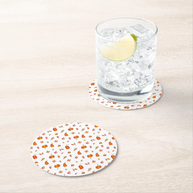 Pumpkin Spice Watercolor Round Paper Coaster (Insitu)