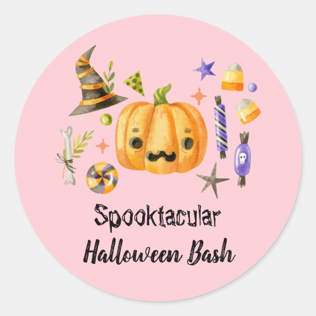 Pumpkin Spooktacular Halloween Bash Party Pink Classic Round Sticker (Front)