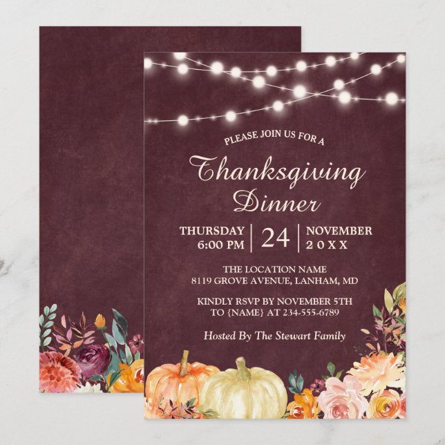 Pumpkin String Lights Floral Thanksgiving Dinner Invitation (Front/Back)