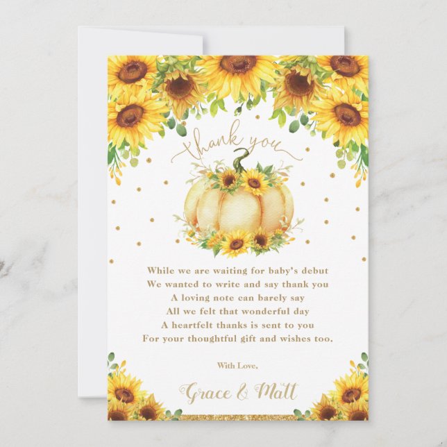 Pumpkin Sunflower Floral Gold Glitter Baby Shower Thank You Card (Front)