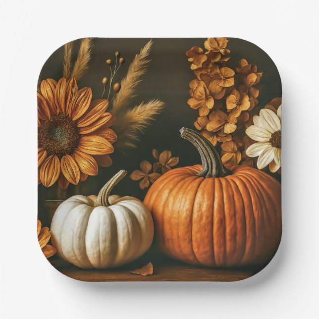 Pumpkin & Sunflower Thanksgiving Paper Plates (Front)