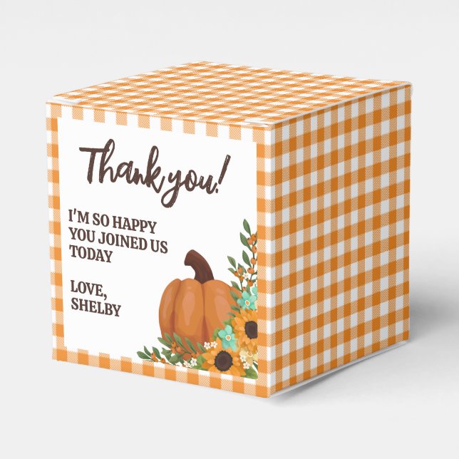 Pumpkin & Sunflowers Orange Gingham Thank You Favor Box (Front Side)