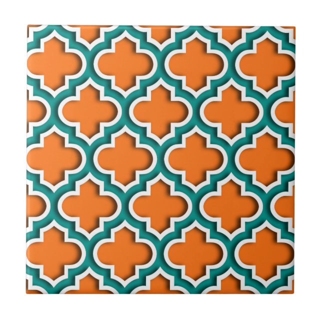 Pumpkin, Teal, White Moroccan Quatrefoil #5DS Tile (Front)