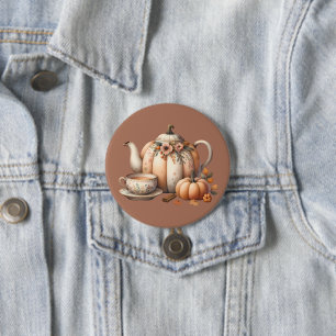 Pumpkin Teapot with Fall Florals Illustration 3 Inch Round Button