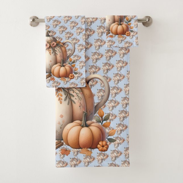 Pumpkin Teapot with Fall Florals Illustration Bath Towel Set (Insitu)