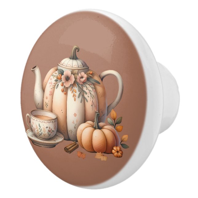 Pumpkin Teapot with Fall Florals Illustration Ceramic Knob (Right)