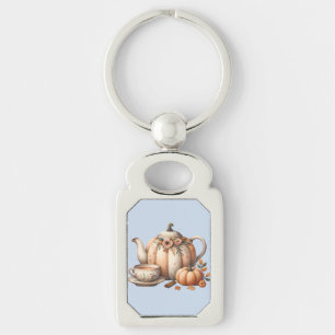 Pumpkin Teapot with Fall Florals Illustration Keychain