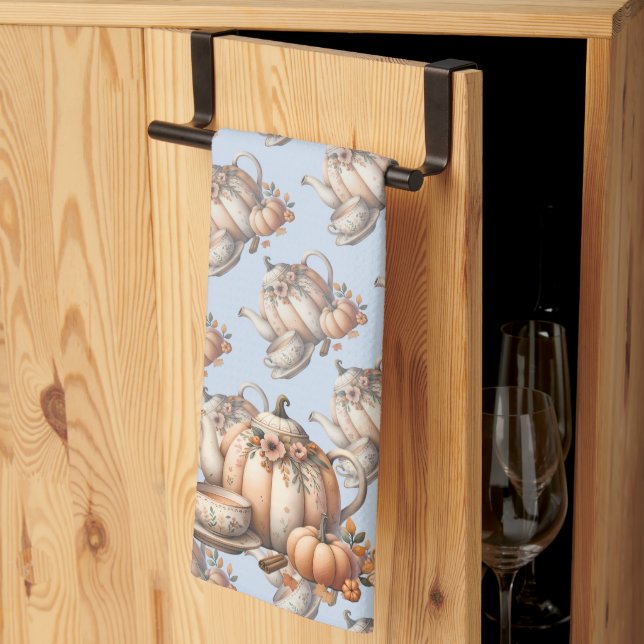 Pumpkin Teapot with Fall Florals Illustration Kitchen Towel (Thirds Fold)