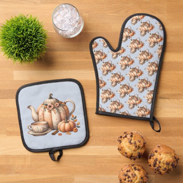 Pumpkin Teapot with Fall Florals Illustration Oven Mitt & Pot Holder Set (Top Down)