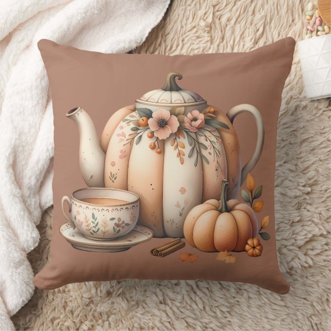 Pumpkin Teapot with Fall Florals Illustration Throw Pillow (Blanket)