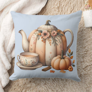 Pumpkin Teapot with Fall Florals Illustration Throw Pillow