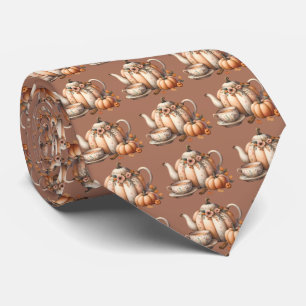 Pumpkin Teapot with Fall Florals Illustration Tie