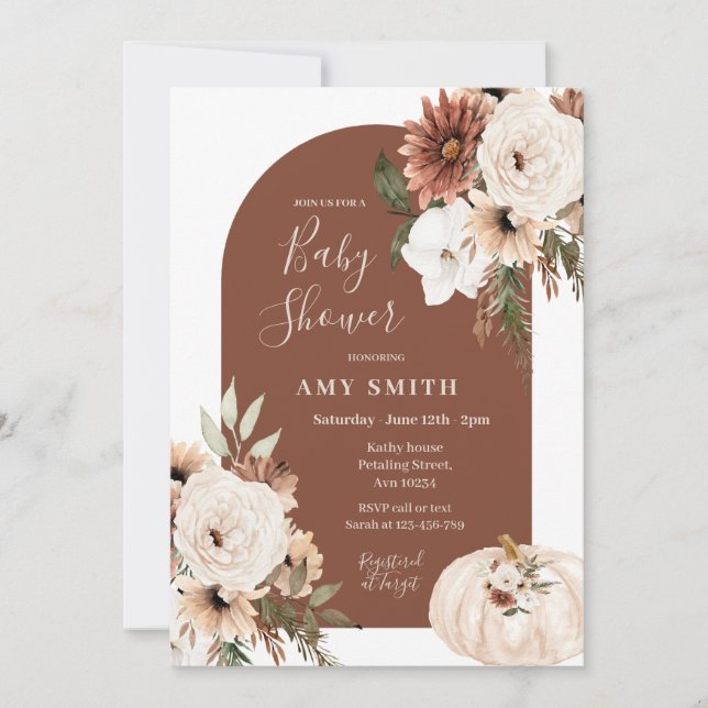 Pumpkin Terracotta Arch Pampas Grass Baby Shower  Invitation (Front)