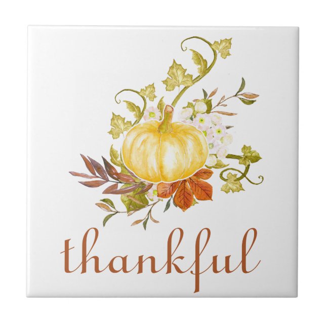 Pumpkin Thankful Watercolor Thanksgiving Tile (Front)