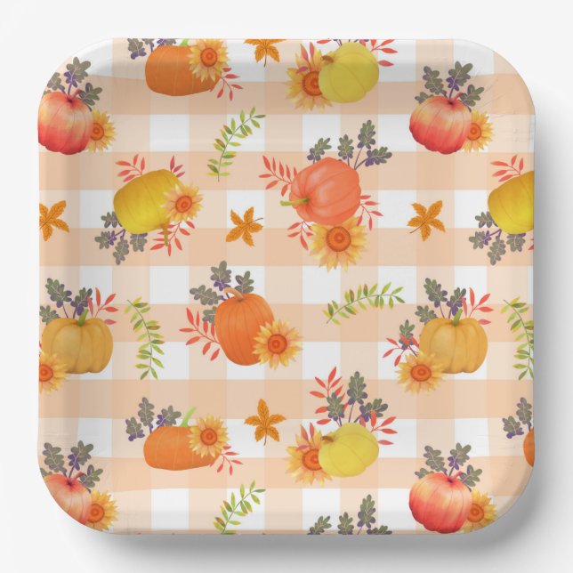 Pumpkin Thanksgiving Gingham Peach Paper Plate (Front)