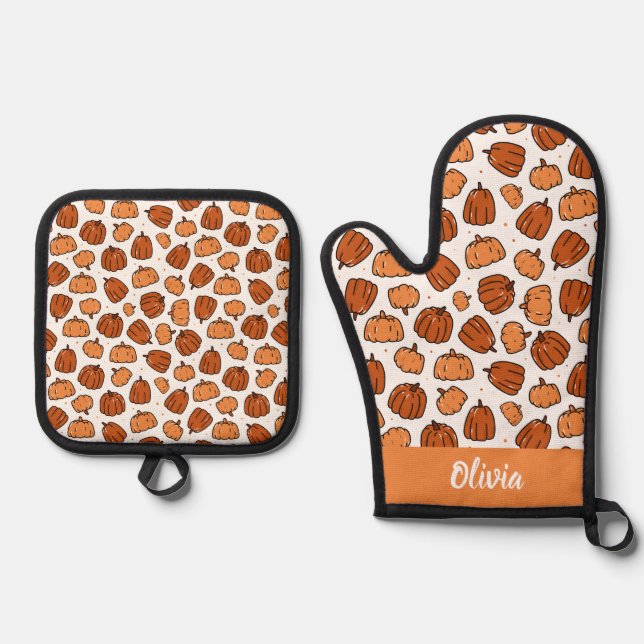 Pumpkin Thanksgiving Pattern Custom Name Oven Mitt & Pot Holder Set (Front)