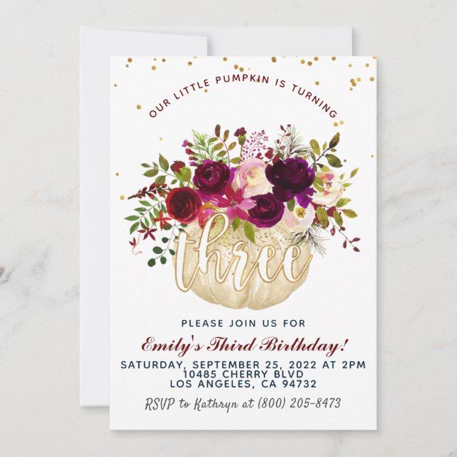 Pumpkin Third Birthday Invitation (Front)