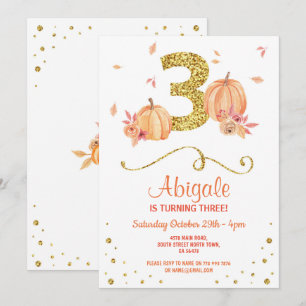 Pumpkin THREE Birthday 3rd Fall Party Gold Invite