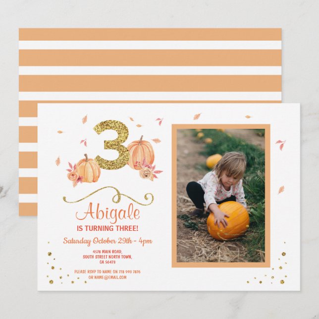 Pumpkin THREE Birthday 3rd Fall Party Photo Invite (Front/Back)