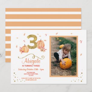 Pumpkin THREE Birthday 3rd Fall Party Photo Invite