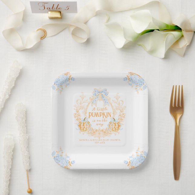 Pumpkin Toile Crest Elegant Boy Baby Shower Paper Plate (Wedding)