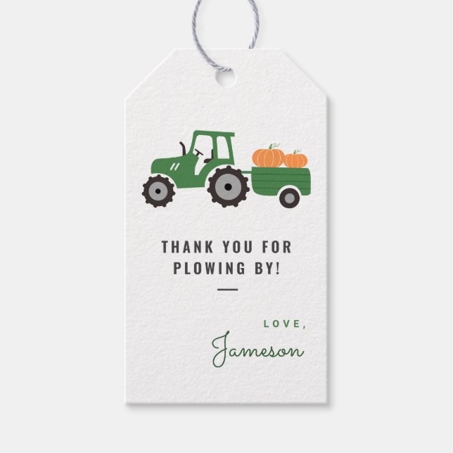Pumpkin tractor birthday party favour tag  (Front)