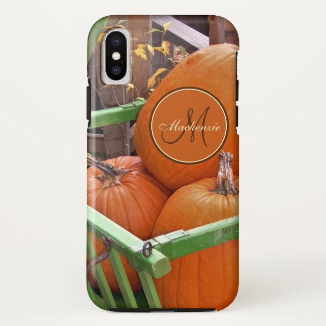 Pumpkin Trio In Green Wood Cart Monogram Initial Case-Mate iPhone Case (Back)
