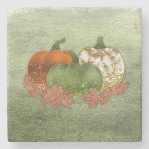 Pumpkin Trio With Copper Autumn Leaves Stone Coaster