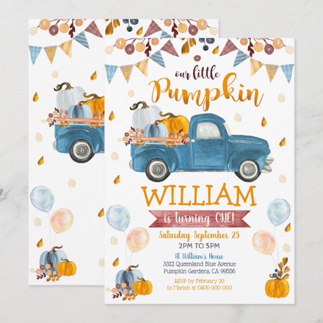 Pumpkin Truck 1st Birthday Invitation Boy Pumpkin (Front/Back)