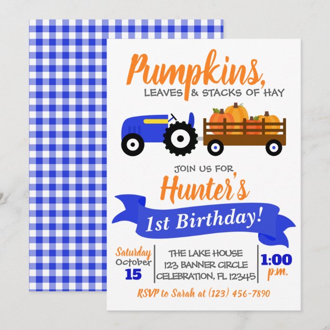 Pumpkin Truck Birthday Invitation - Blue Tractor (Front/Back)