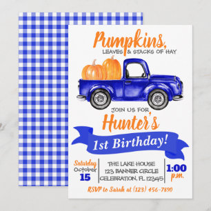 Pumpkin Truck Birthday Invitation - Blue Truck