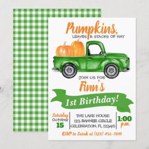 Pumpkin Truck Birthday Invitation - Green Truck