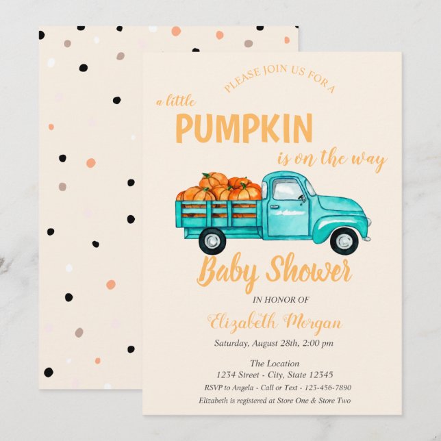 Pumpkin Truck ,Dots Baby Shower Invitation (Front/Back)