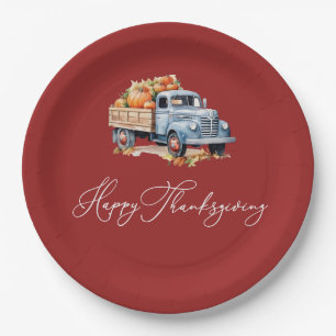 pumpkin truck happy thanksgiving paper plate