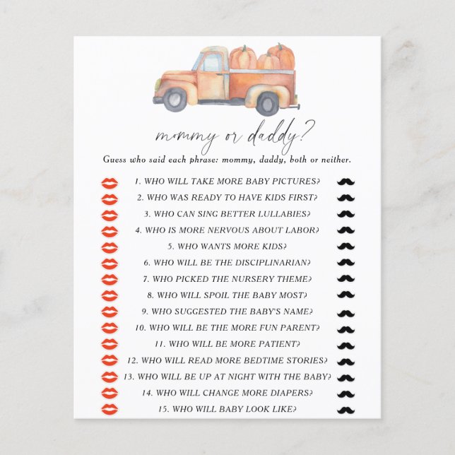 Pumpkin truck - mommy or daddy baby shower game (Front)