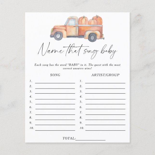 Pumpkin truck - Name that song baby shower game (Front)