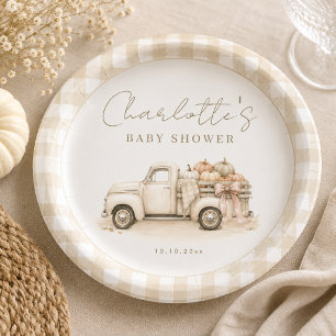 Pumpkin Truck Rustic Gingham Fall Baby Shower Paper Plate
