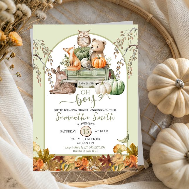 Pumpkin Truck Woodland Animals Oh Boy Baby Shower Invitation (Creator Uploaded)