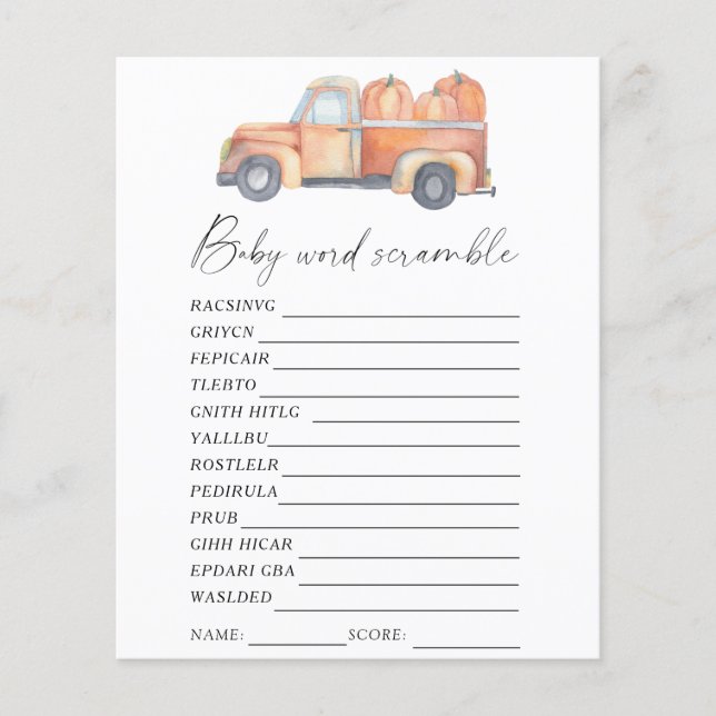 Pumpkin truck - Word scramble baby shower game (Front)