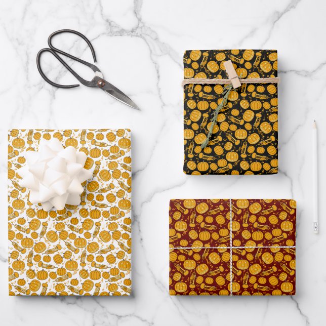 Pumpkin Trumpet Music Notes Wrapping Paper Sheets (Front)