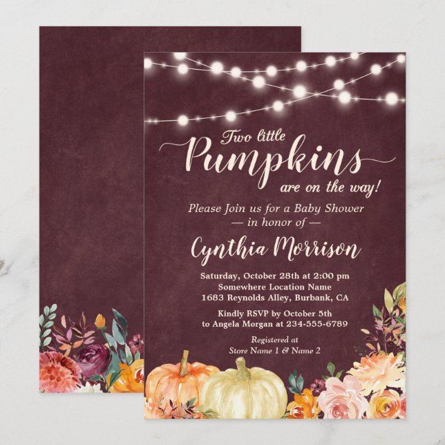 Pumpkin Twins Baby Shower String Lights Floral Invitation (Front/Back)