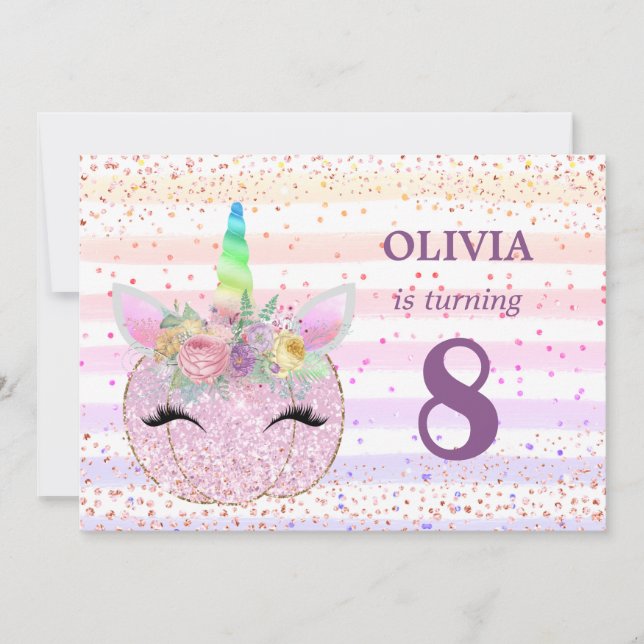 Pumpkin Unicorn Girls 8th Birthday Invitation (Front)