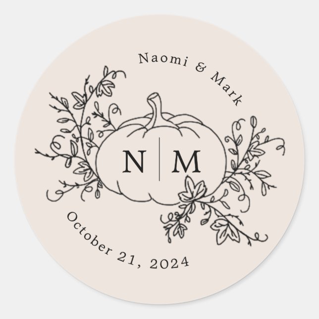 Pumpkin Vines Monogram Wedding Classic Round Sticker (Front)