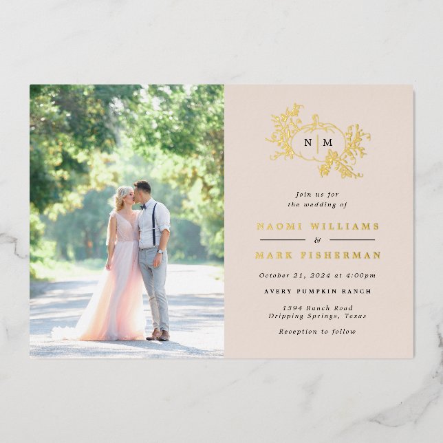 Pumpkin Vines Monogram Wedding Foil Invitation (Front)