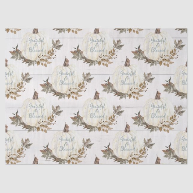 Pumpkin w Fall Leaves Grateful n Blessed Script Tissue Paper (Front)