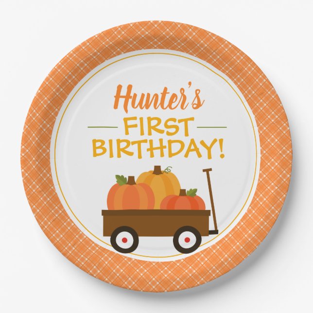 Pumpkin Wagon Fall Birthday Party Paper Plate (Front)