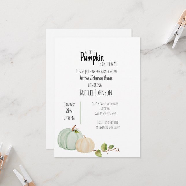 Pumpkin Watercolor Baby Shower Invitation (Front/Back In Situ)
